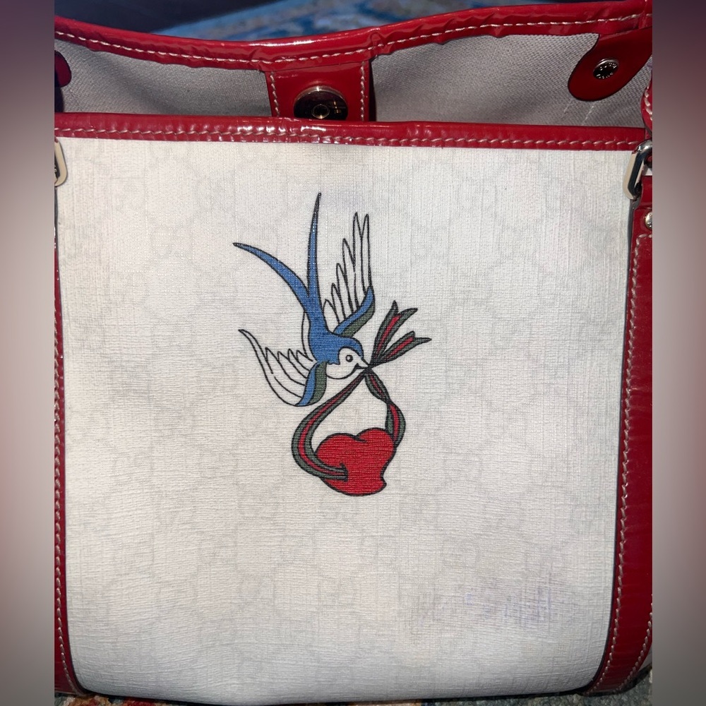 Gucci Supreme Tattoo Heart Tote Bag – Limited Edition 2008 GG Canvas Red Trim - Picture 6 of 16